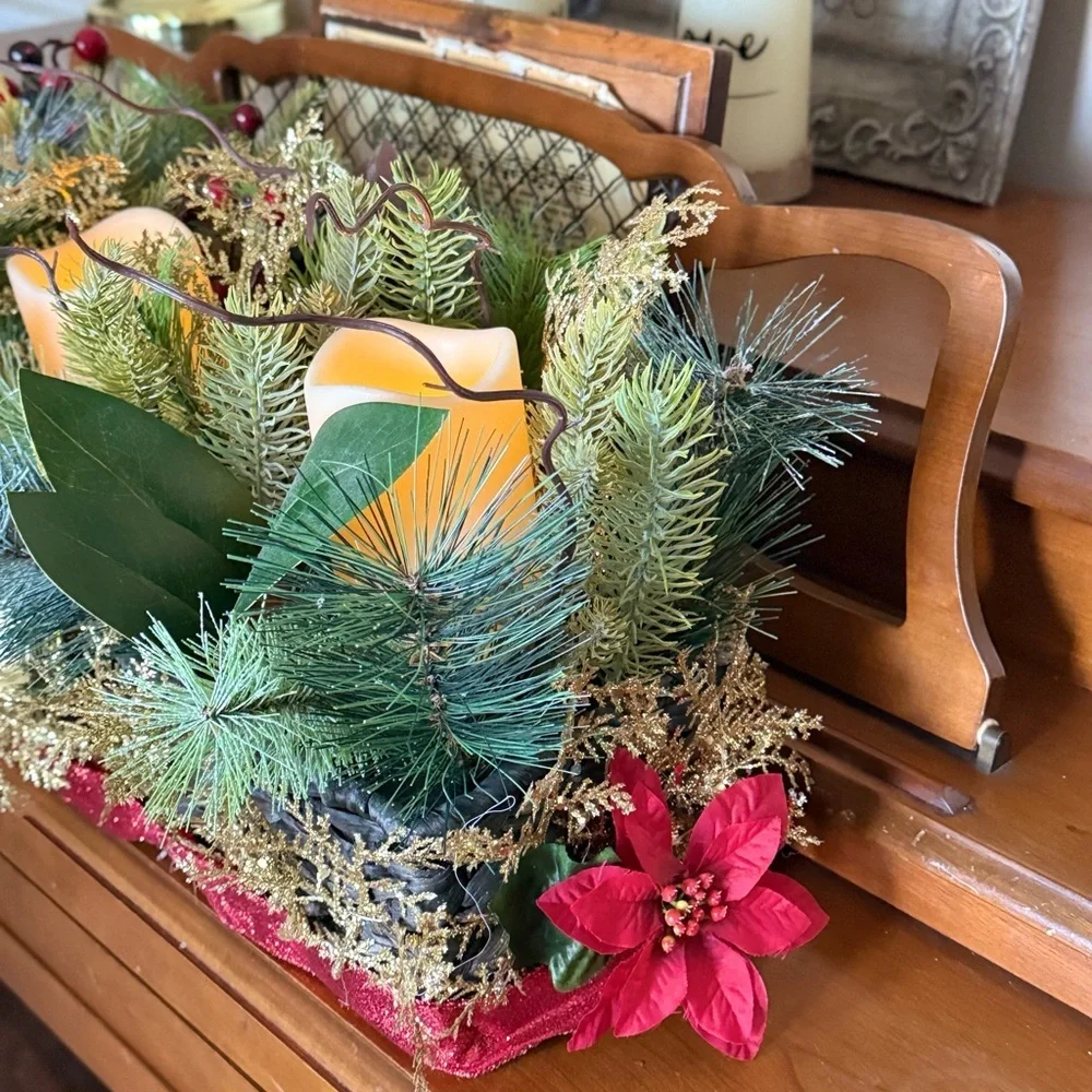 XL 25”  Festive Holiday Candle Gold Centerpiece with Greenery - Home Holiday